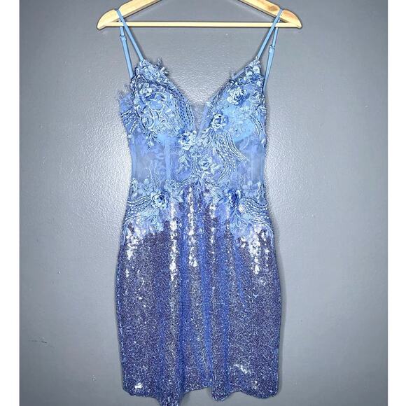 Portia & Scarlett PS24205 Floral Lace Bodice Sequin Mini Dress NWT Blue Size 2 - Picture 3 of 9